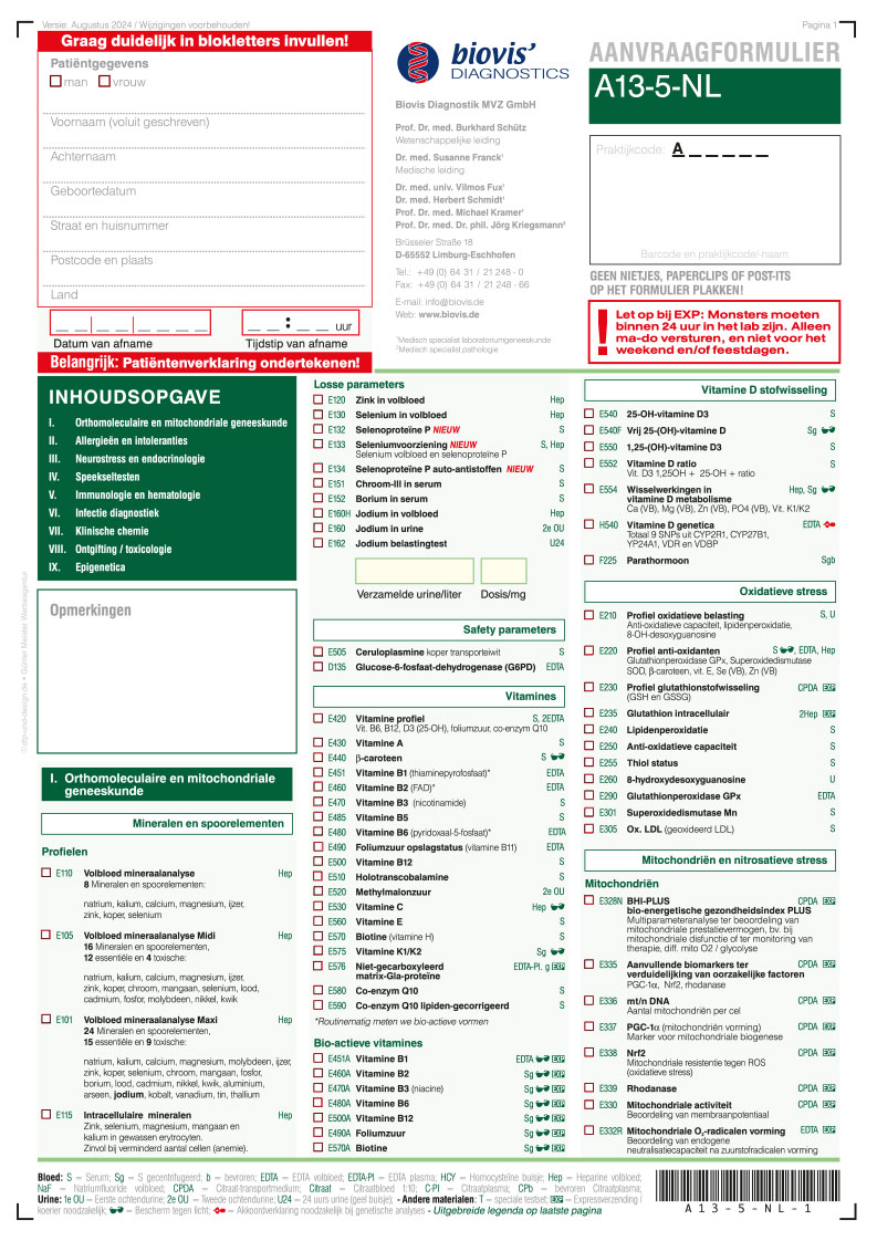 Waakzaamheid baden Spanning Nieuwe aanvraagformulieren A13 (bloed) en A13s (feces) | Biovis Diagnostik  MVZ GmbH